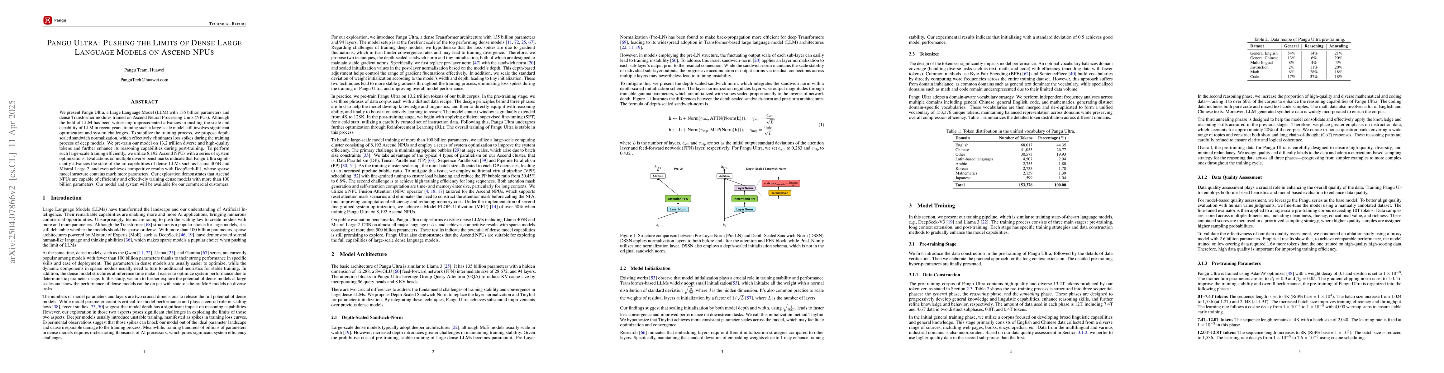Thumbnail for Pangu Ultra: Pushing the Limits of Dense Large Language Models on Ascend
  NPUs