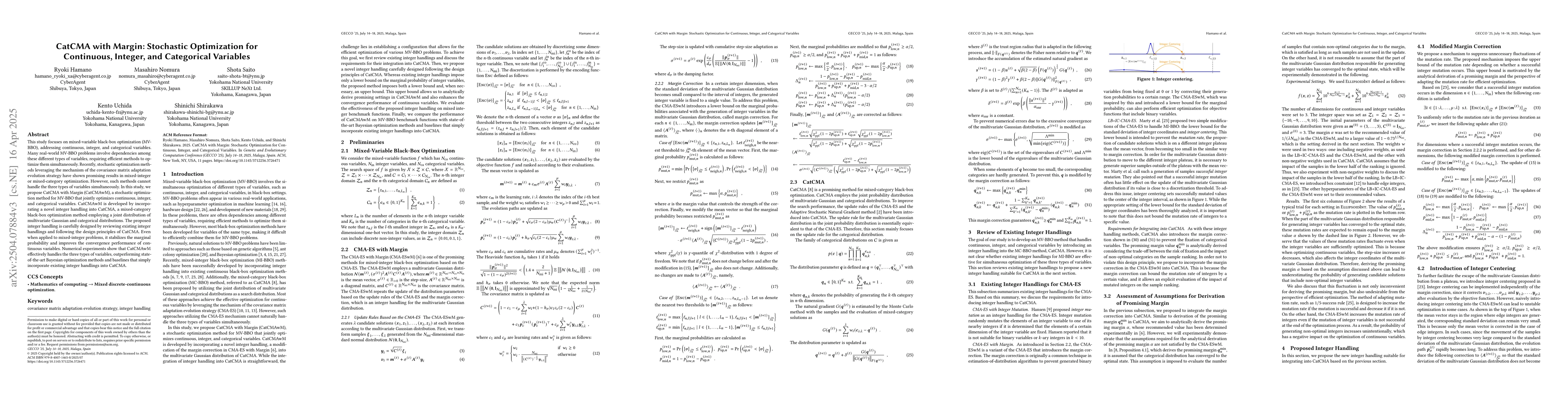 Thumbnail for CatCMA with Margin: Stochastic Optimization for Continuous, Integer, and
  Categorical Variables