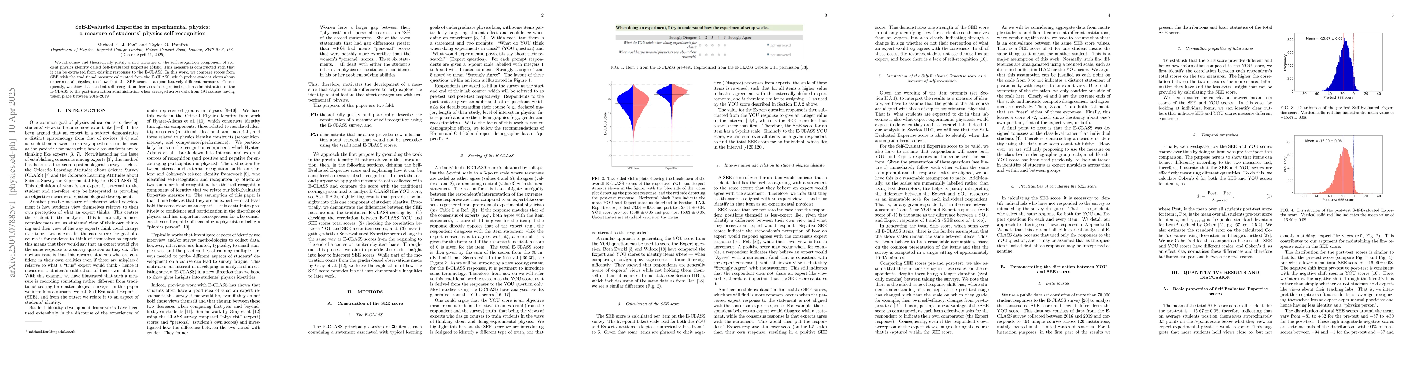 Thumbnail for Self-Evaluated Expertise in experimental physics: a measure of students'
  physics self-recognition