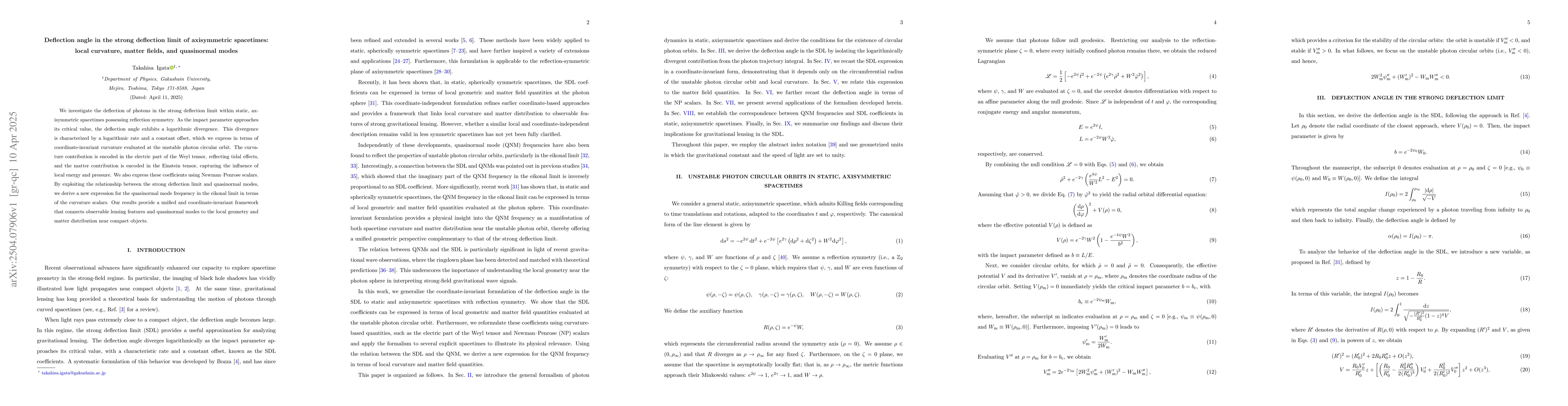 Thumbnail for Deflection angle in the strong deflection limit of axisymmetric
  spacetimes: local curvature, matter fields, and quasinormal modes