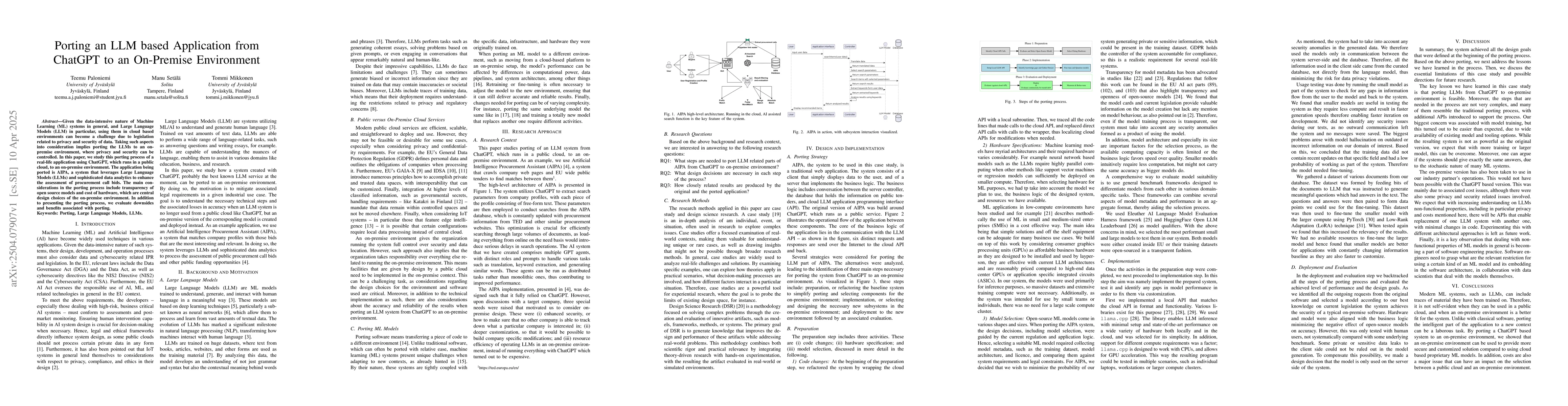 Thumbnail for Porting an LLM based Application from ChatGPT to an On-Premise
  Environment
