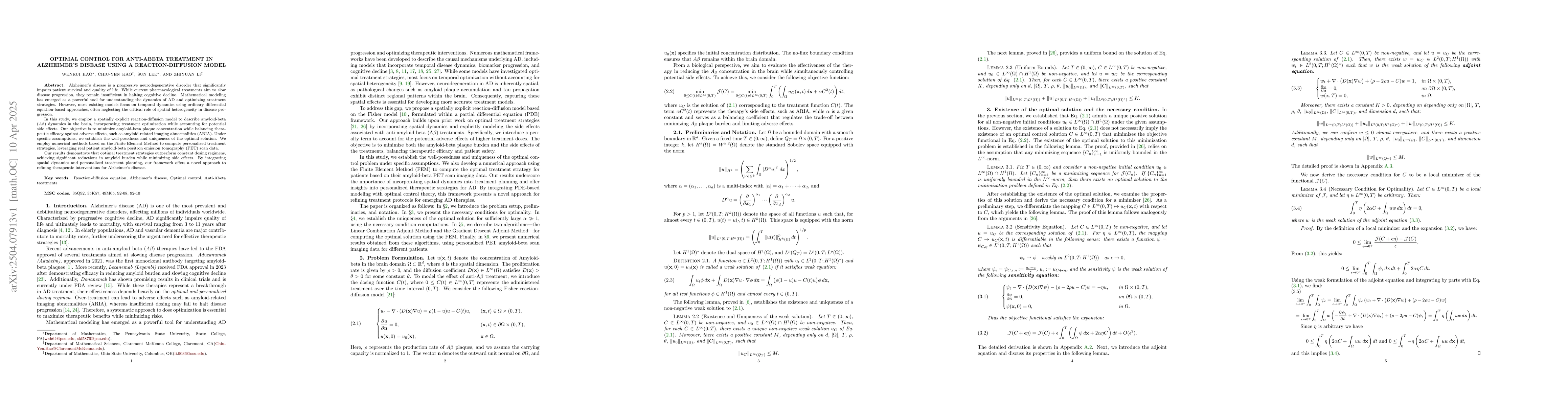 Thumbnail for Optimal Control For Anti-Abeta Treatment in Alzheimer's Disease using a
  Reaction-Diffusion Model