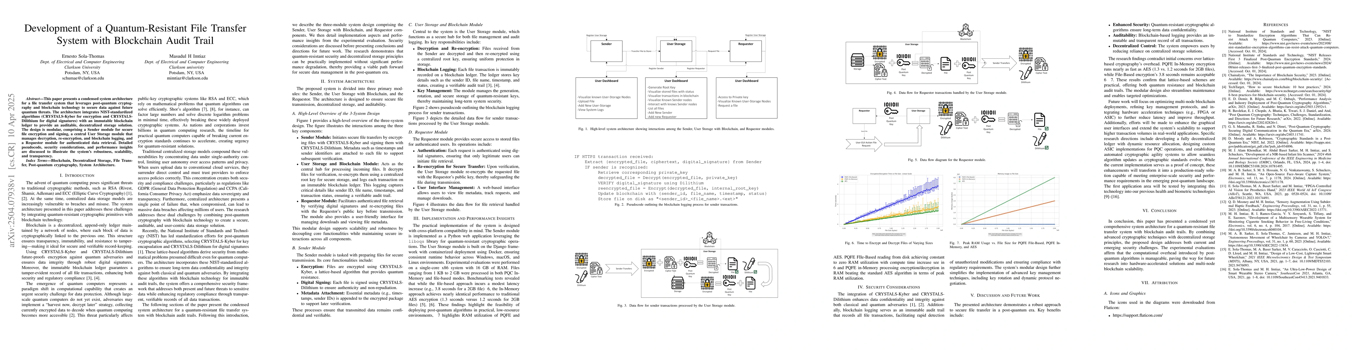Thumbnail for Development of a Quantum-Resistant File Transfer System with Blockchain
  Audit Trail