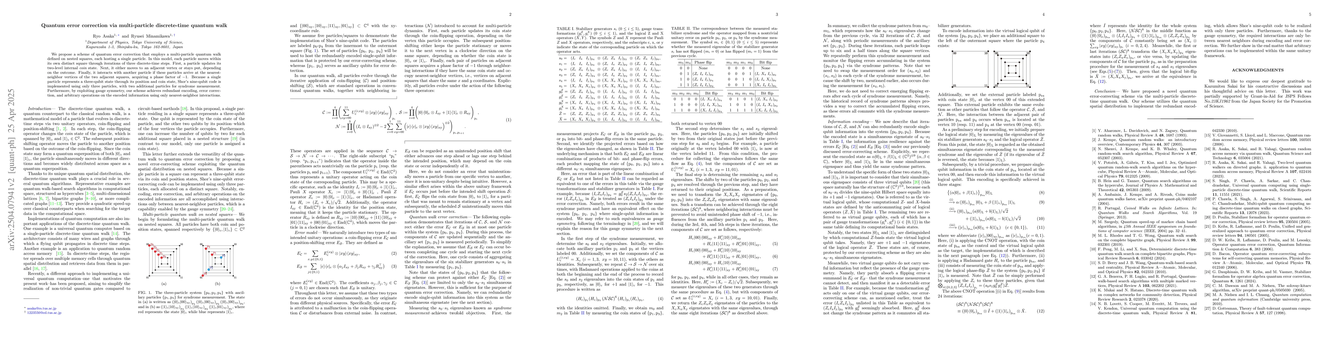Thumbnail for Quantum error correction via multi-particle discrete-time quantum walk