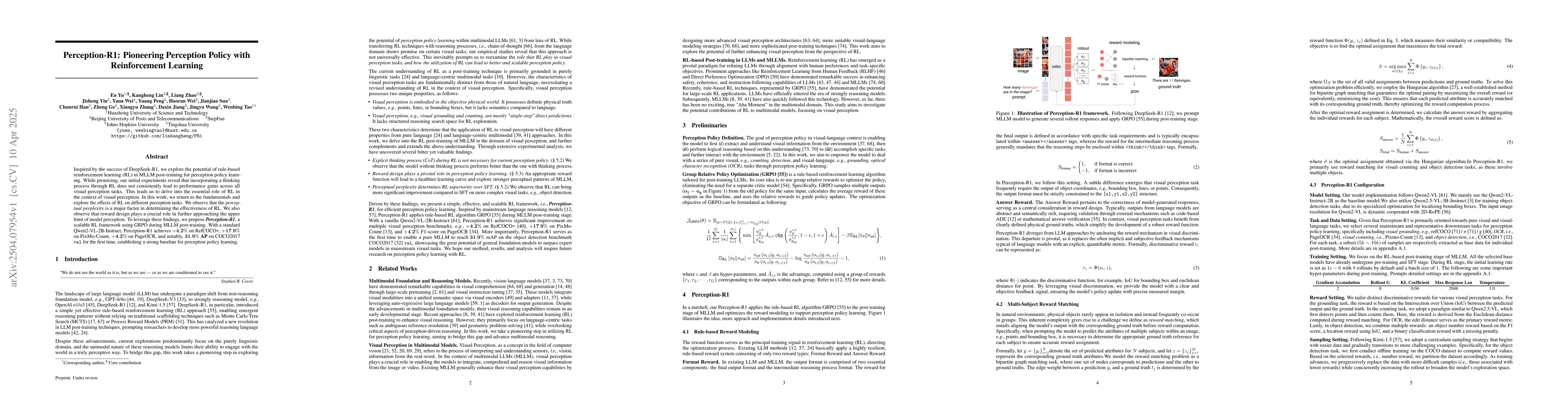 Thumbnail for Perception-R1: Pioneering Perception Policy with Reinforcement Learning