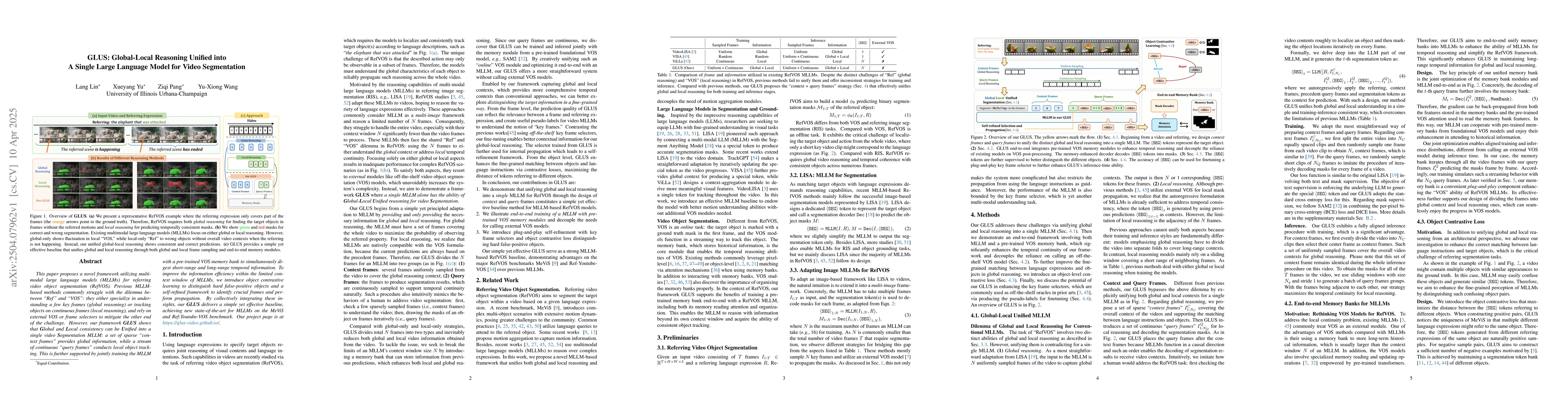 Thumbnail for GLUS: Global-Local Reasoning Unified into A Single Large Language Model
  for Video Segmentation