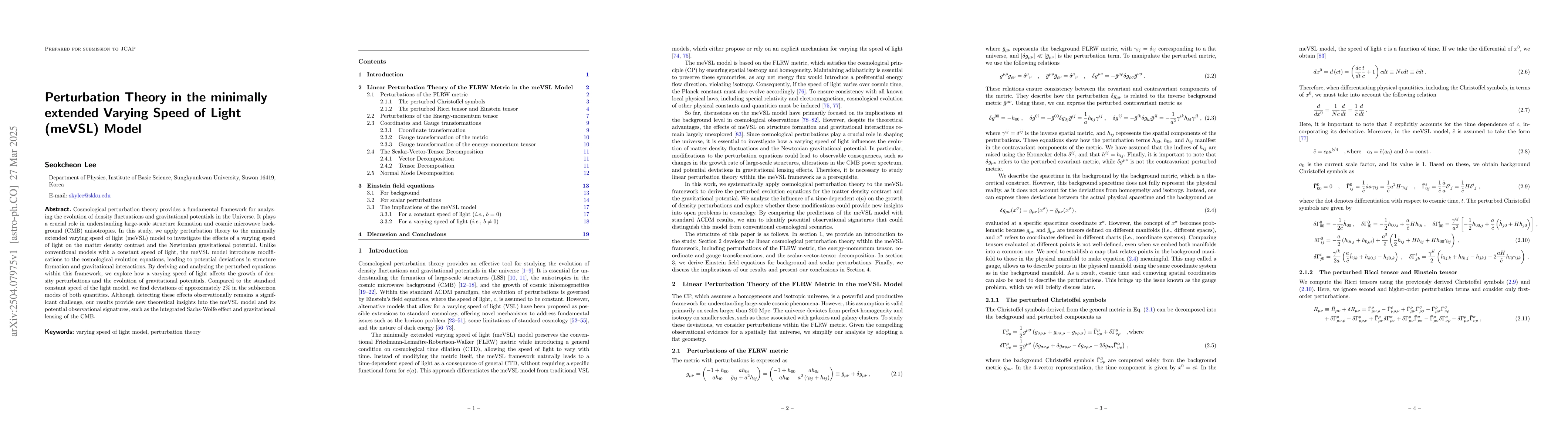 Thumbnail for Perturbation Theory in the Minimally Extended Varying Speed of Light
  (meVSL) Model
