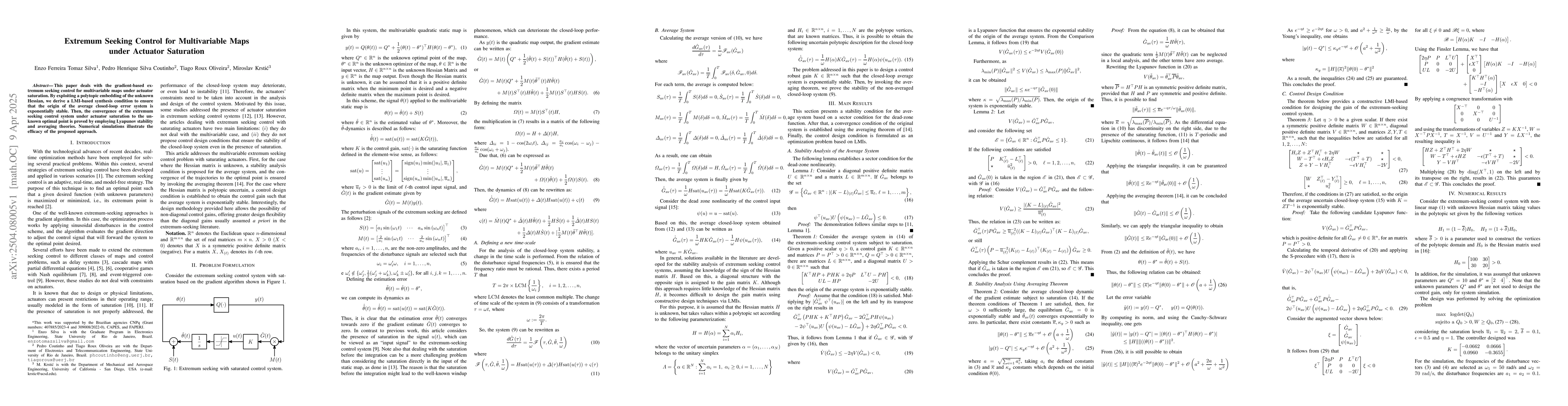 Thumbnail for Extremum Seeking Control for Multivariable Maps under Actuator
  Saturation
