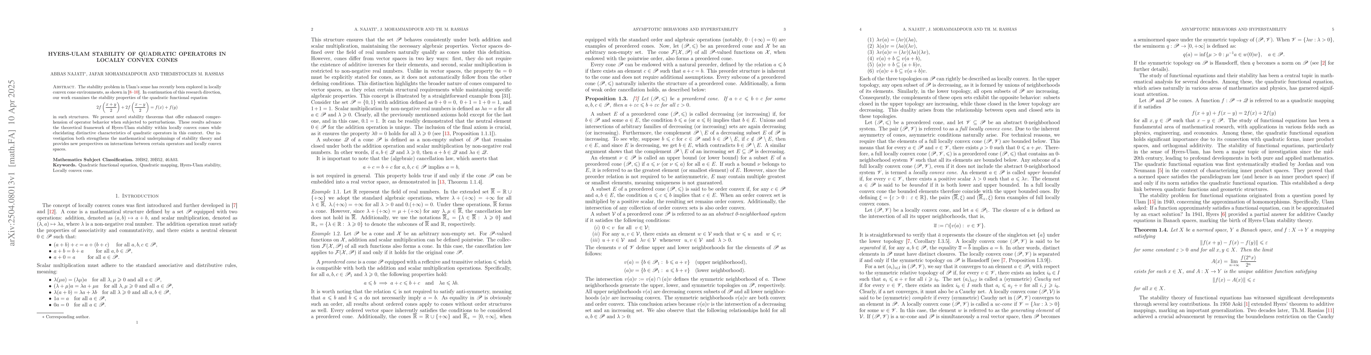 Thumbnail for Hyers-Ulam Stability of Quadratic Operators in Locally Convex Cones