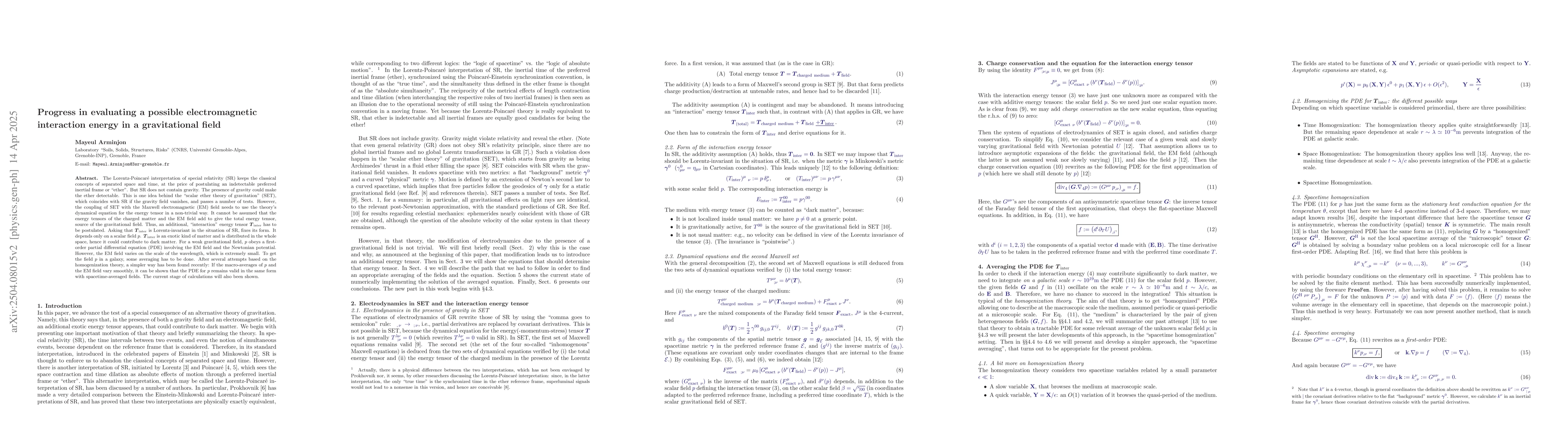 Thumbnail for Progress in evaluating a possible electromagnetic interaction energy in
  a gravitational field