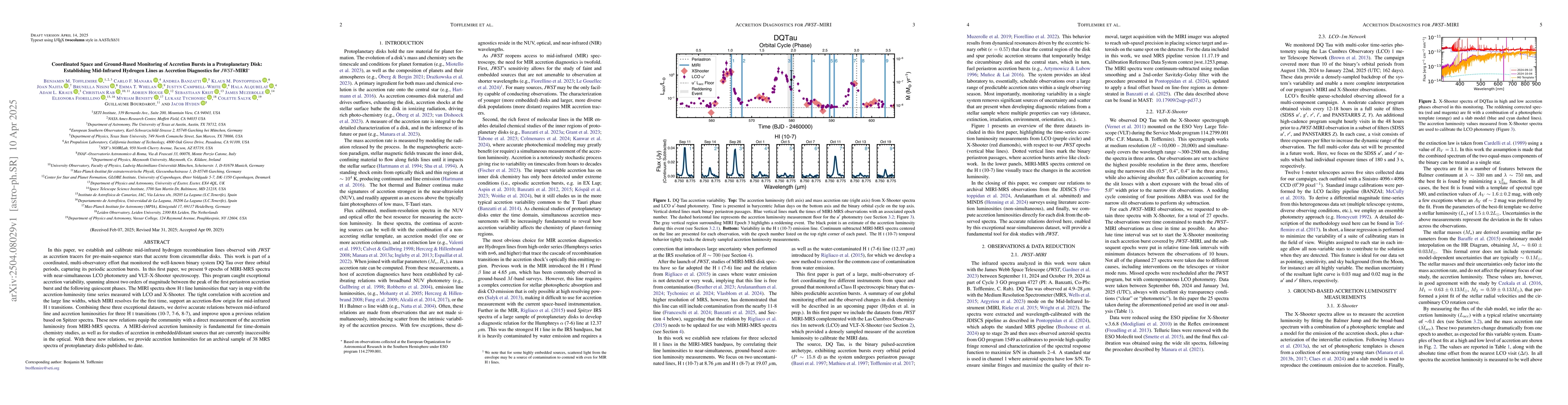 Thumbnail for Coordinated Space and Ground-Based Monitoring of Accretion Bursts in a
  Protoplanetary Disk: Establishing Mid-Infrared Hydrogen Lines as Accretion
  Diagnostics for JWST-MIRI