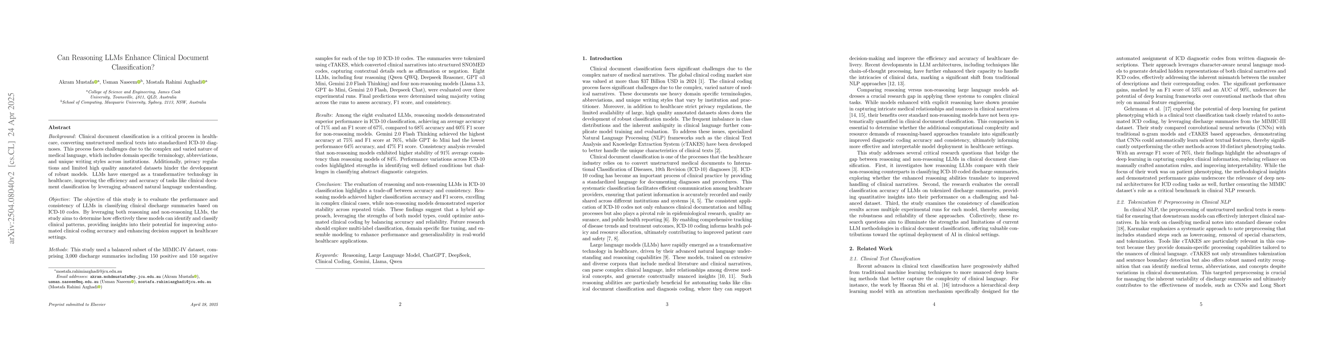 Thumbnail for Can Reasoning LLMs Enhance Clinical Document Classification?