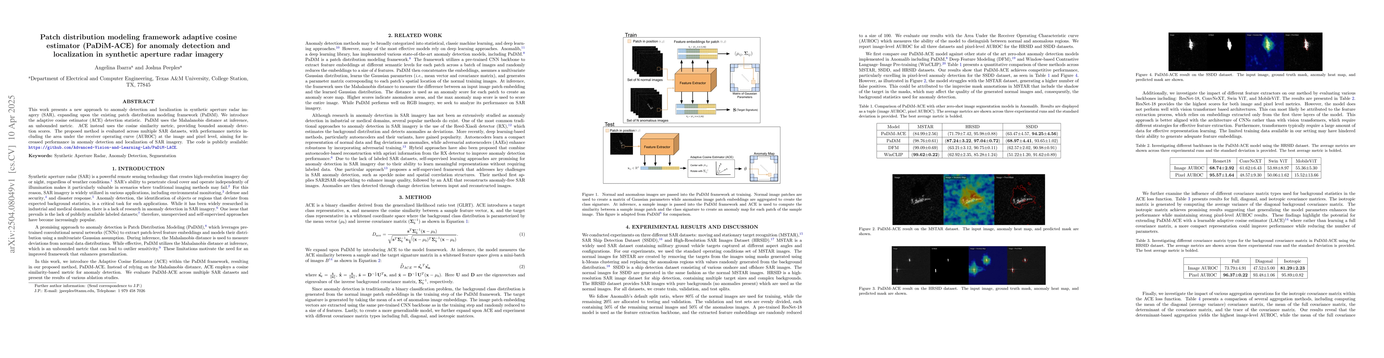 Thumbnail for Patch distribution modeling framework adaptive cosine estimator
  (PaDiM-ACE) for anomaly detection and localization in synthetic aperture
  radar imagery