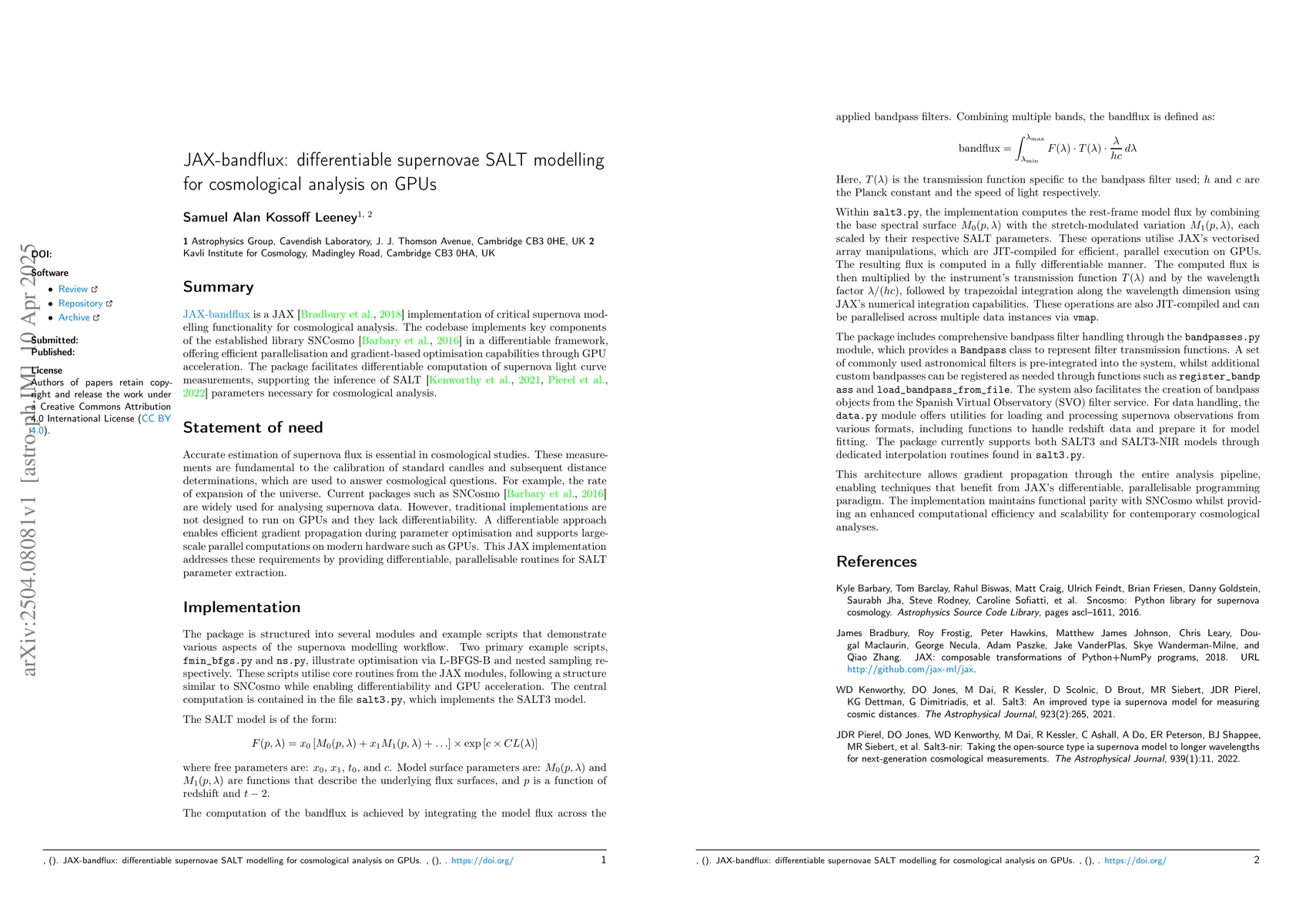 Thumbnail for JAX-bandflux: differentiable supernovae SALT modelling for cosmological
  analysis on GPUs