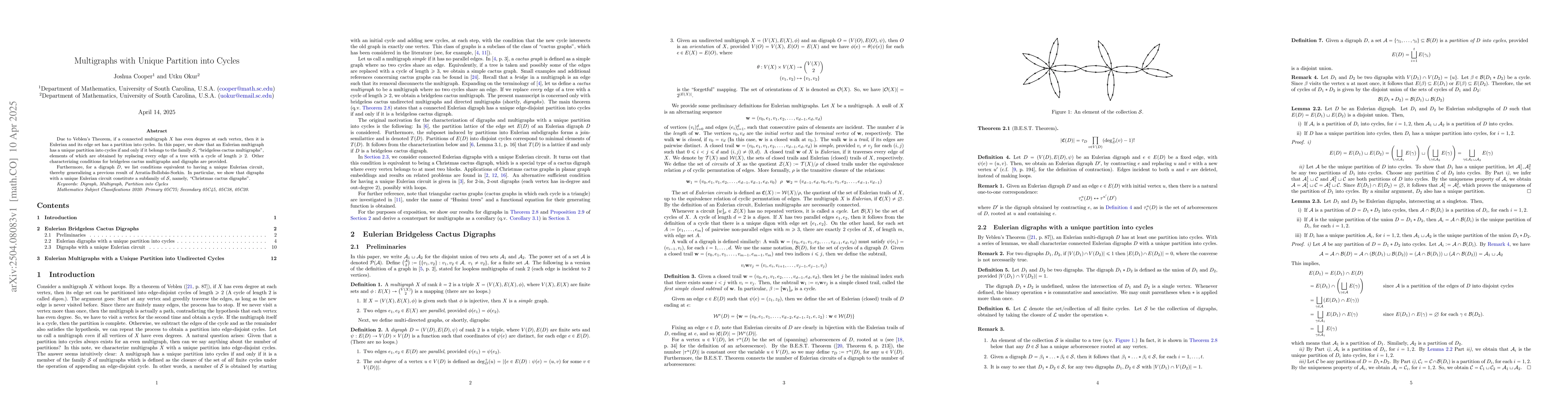 Thumbnail for Multigraphs with Unique Partition into Cycles