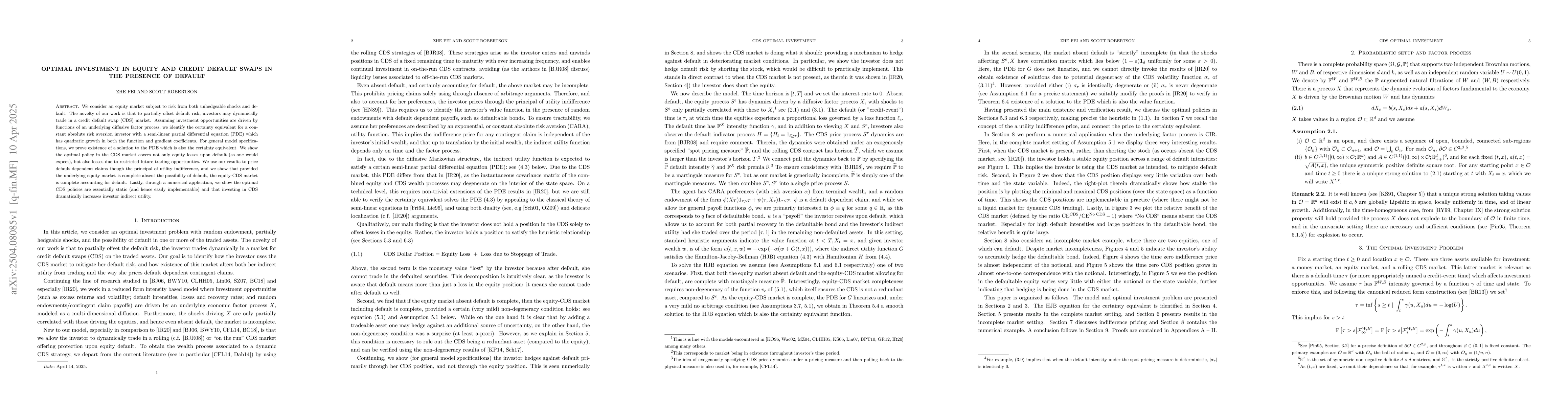Thumbnail for Optimal Investment in Equity and Credit Default Swaps in the Presence of
  Default