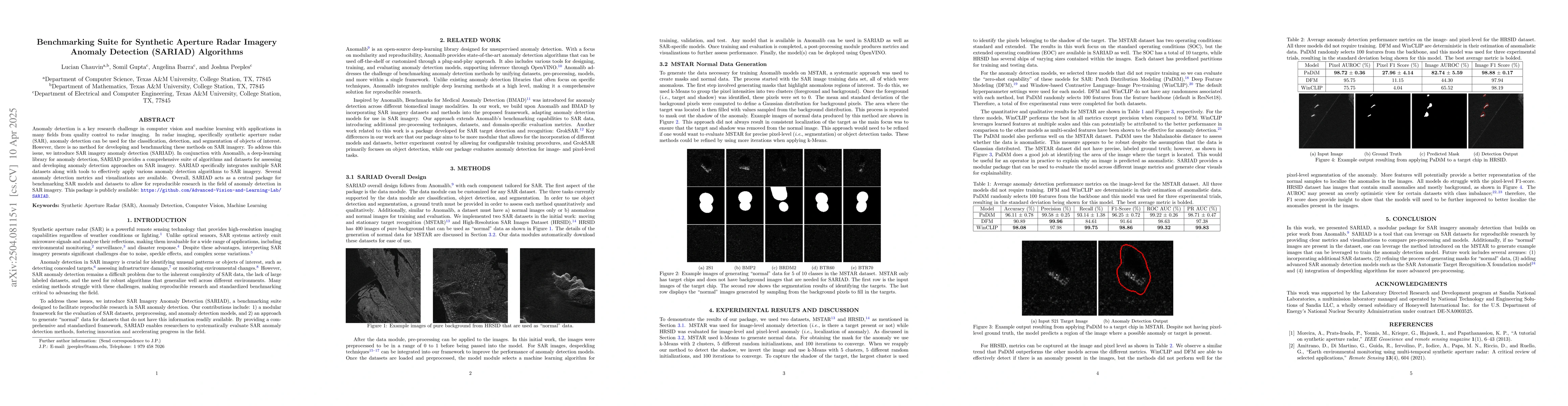 Thumbnail for Benchmarking Suite for Synthetic Aperture Radar Imagery Anomaly
  Detection (SARIAD) Algorithms