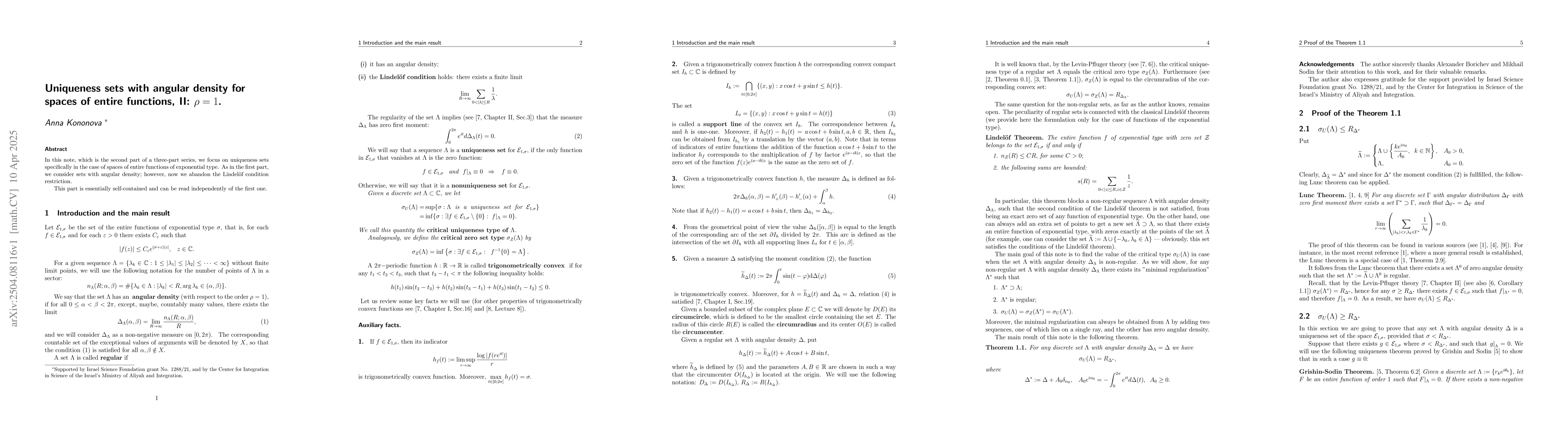 Thumbnail for Uniqueness sets with angular density for spaces of entire functions, II:
  $ρ=1$