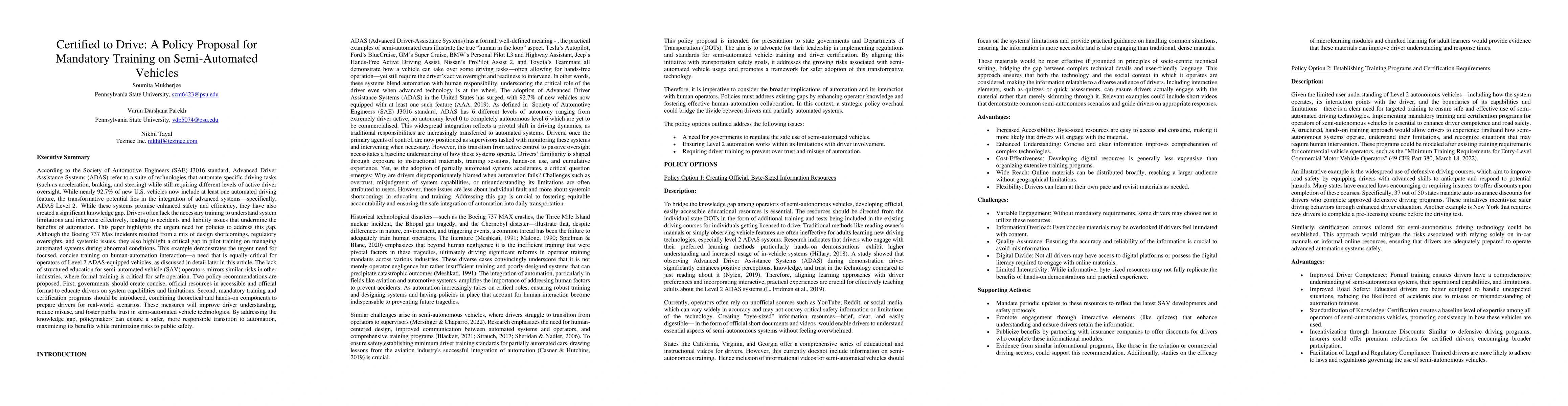 Thumbnail for Certified to Drive: A Policy Proposal for Mandatory Training on
  Semi-Automated Vehicles
