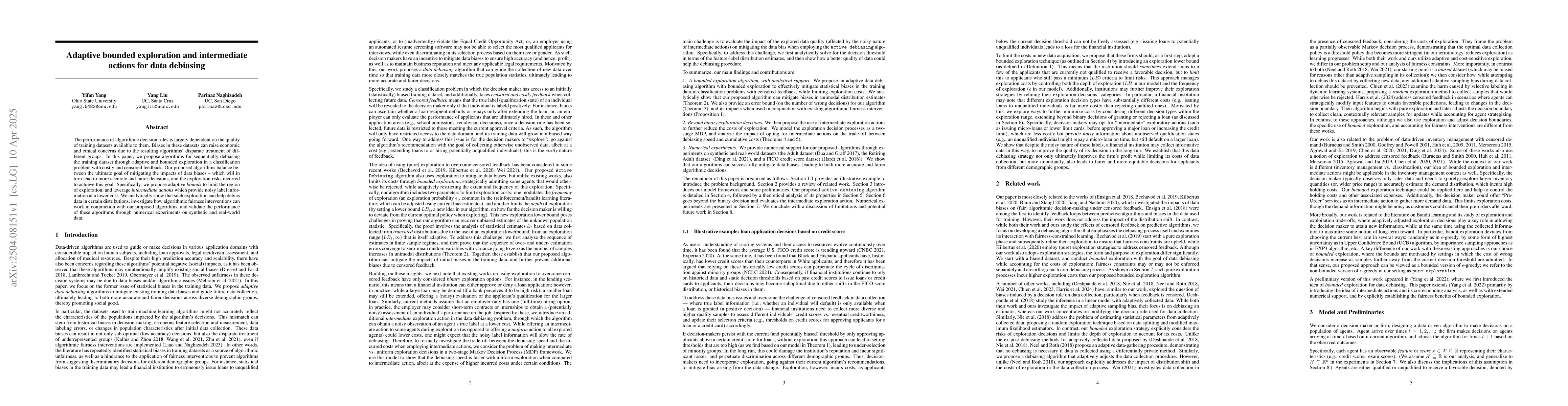 Thumbnail for Adaptive Bounded Exploration and Intermediate Actions for Data Debiasing