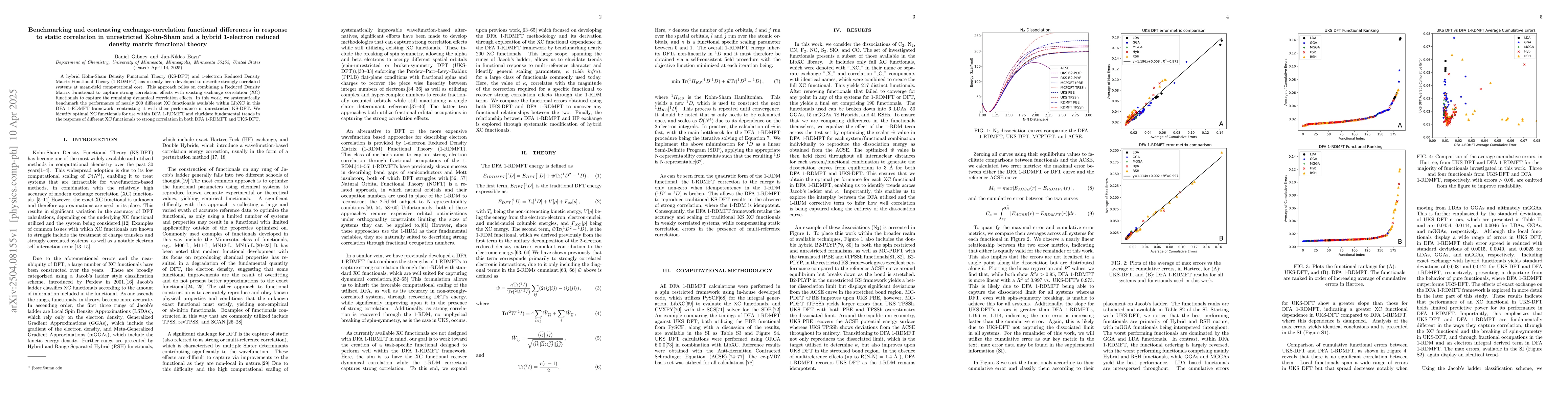 Thumbnail for Benchmarking and contrasting exchange-correlation functional differences
  in response to static correlation in unrestricted Kohn-Sham and a hybrid
  1-electron reduced density matrix functional theory
