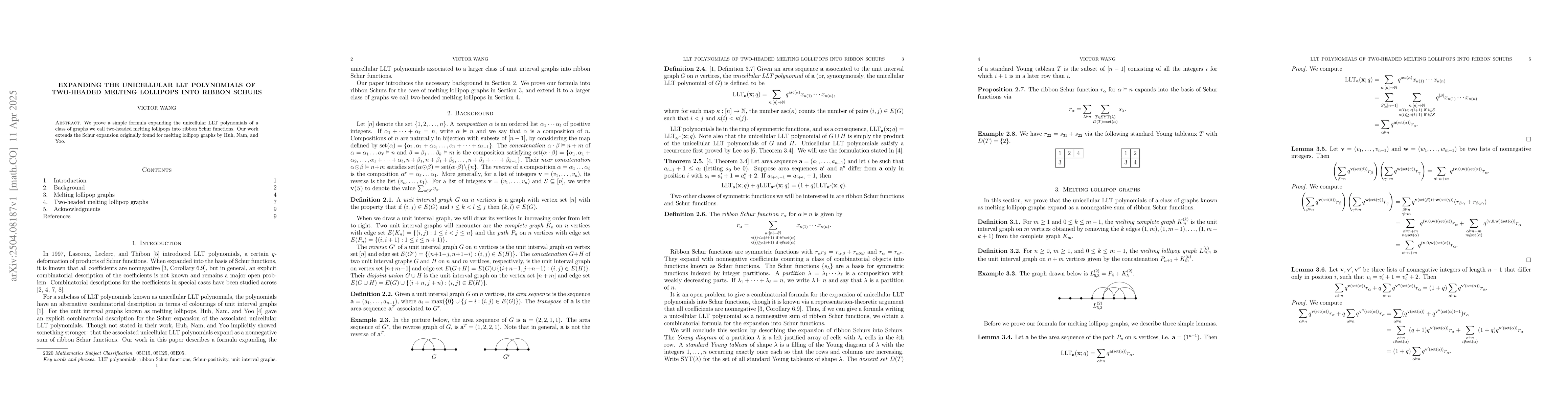 Thumbnail for Expanding the unicellular LLT polynomials of two-headed melting
  lollipops into ribbon Schurs