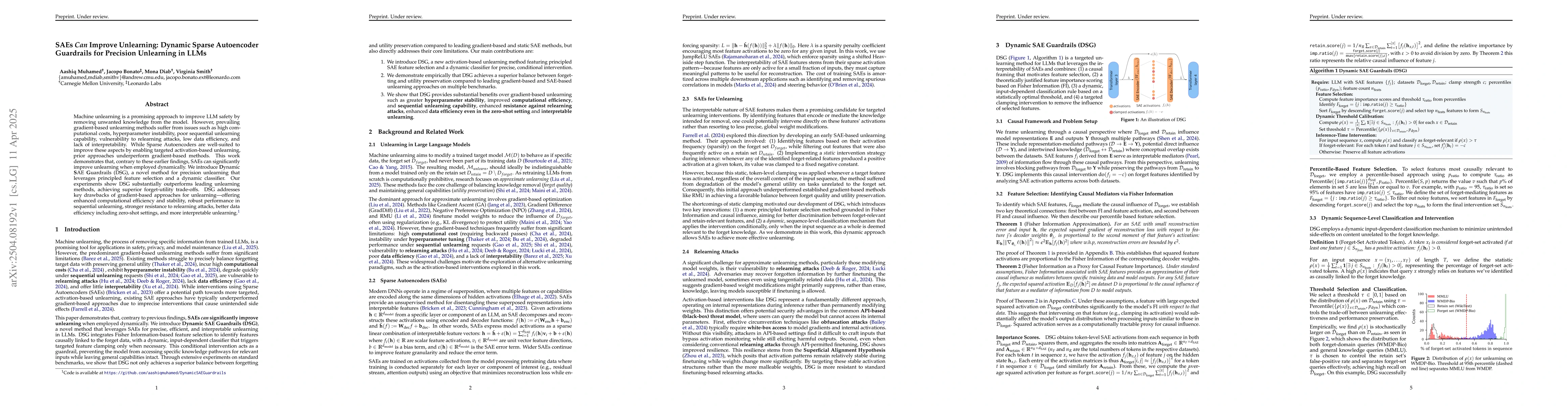 Thumbnail for SAEs $\textit{Can}$ Improve Unlearning: Dynamic Sparse Autoencoder
  Guardrails for Precision Unlearning in LLMs