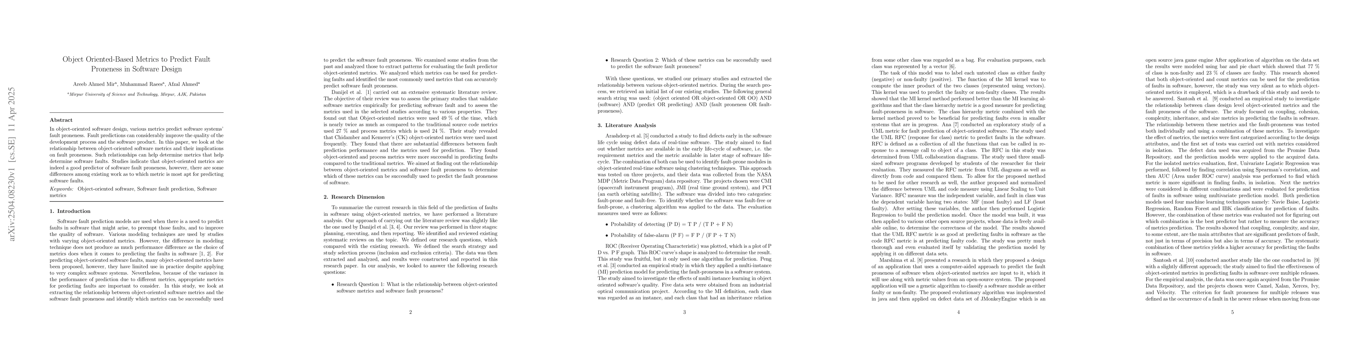 Thumbnail for Object Oriented-Based Metrics to Predict Fault Proneness in Software
  Design
