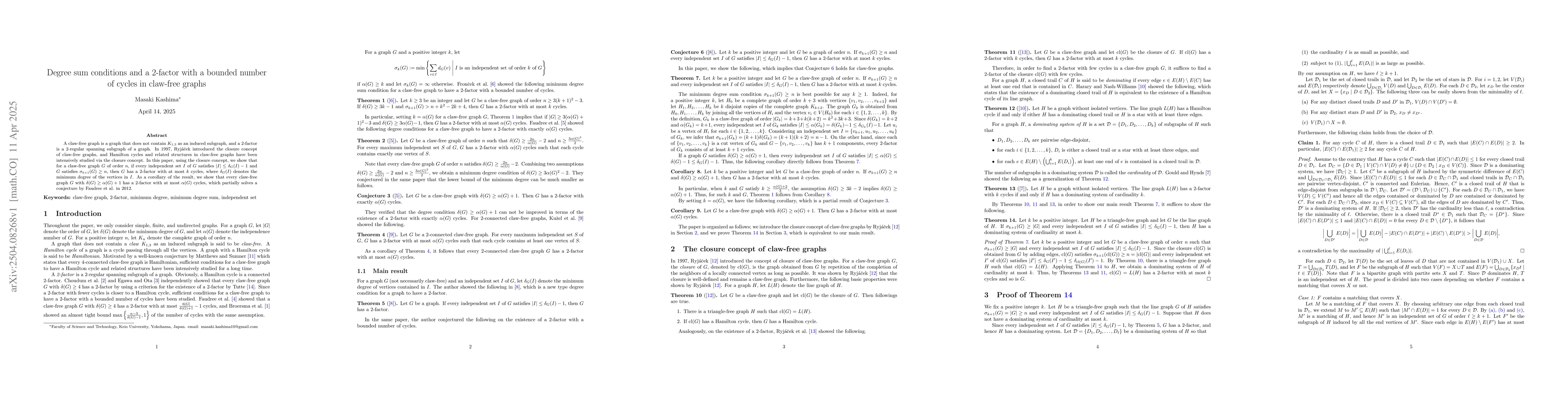 Thumbnail for Degree sum conditions and a 2-factor with a bounded number of cycles in
  claw-free graphs
