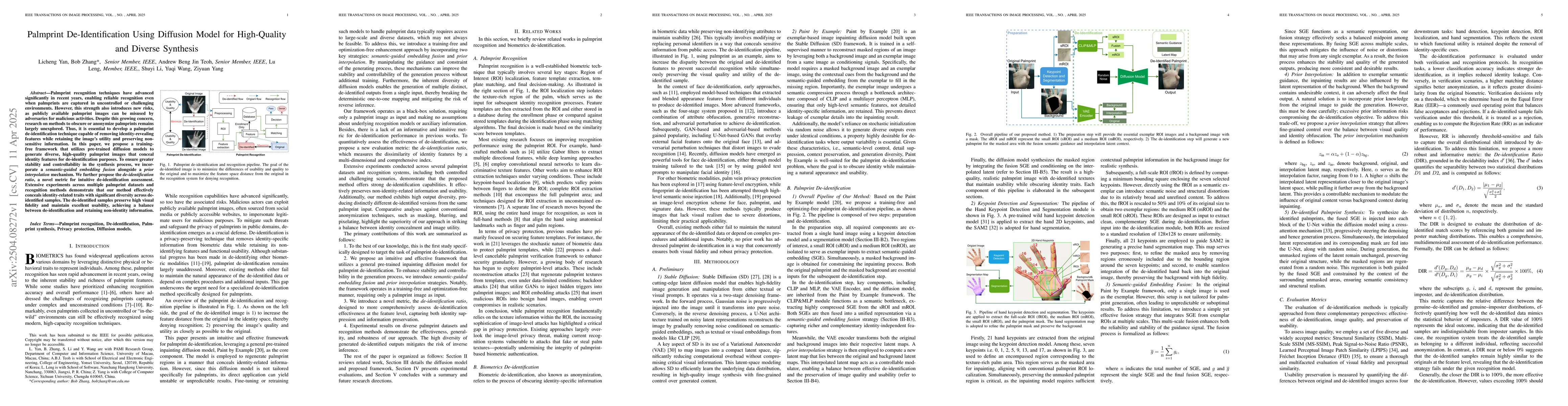 Thumbnail for Palmprint De-Identification Using Diffusion Model for High-Quality and
  Diverse Synthesis
