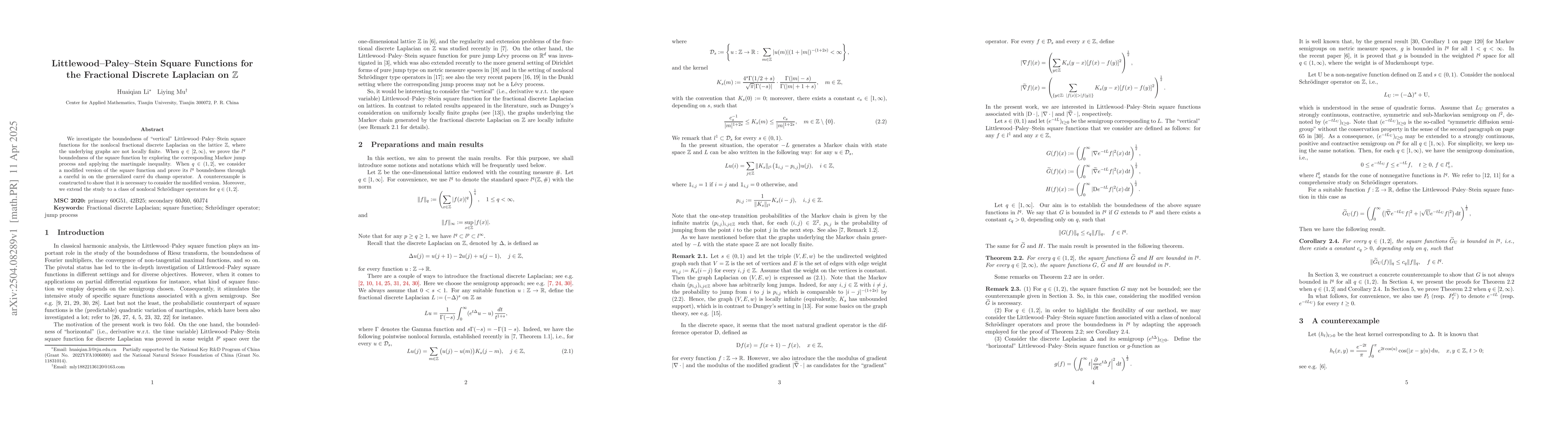 Thumbnail for Littlewood--Paley--Stein Square Functions for the Fractional Discrete
  Laplacian on $\mathbb{Z}$