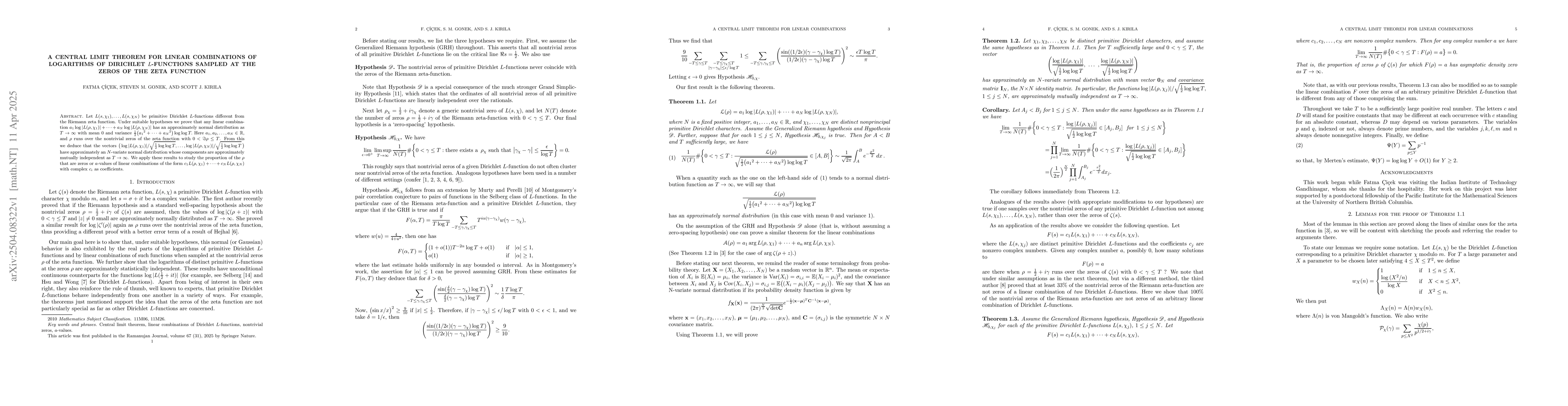 Thumbnail for A Central Limit Theorem for Linear Combinations of Logarithms of
  Dirichlet $L$-functions Sampled at the Zeros of the Zeta Function