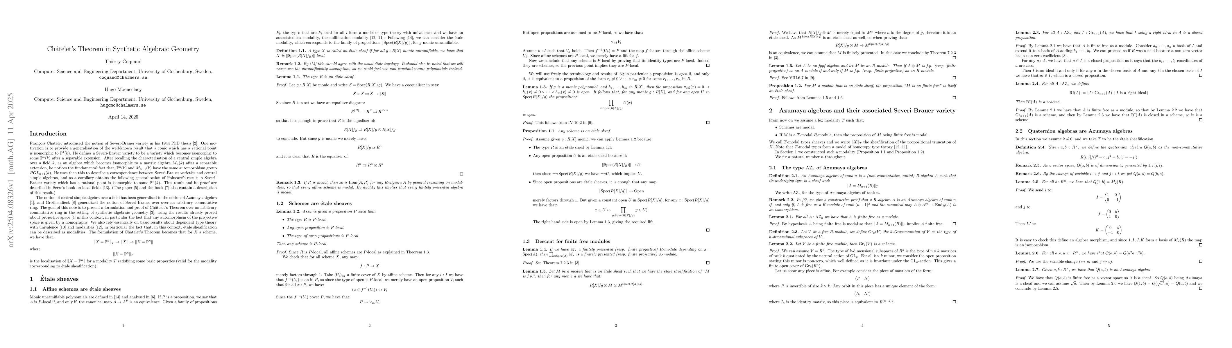 Thumbnail for Chatelet's Theorem in Synthetic Algebraic Geometry