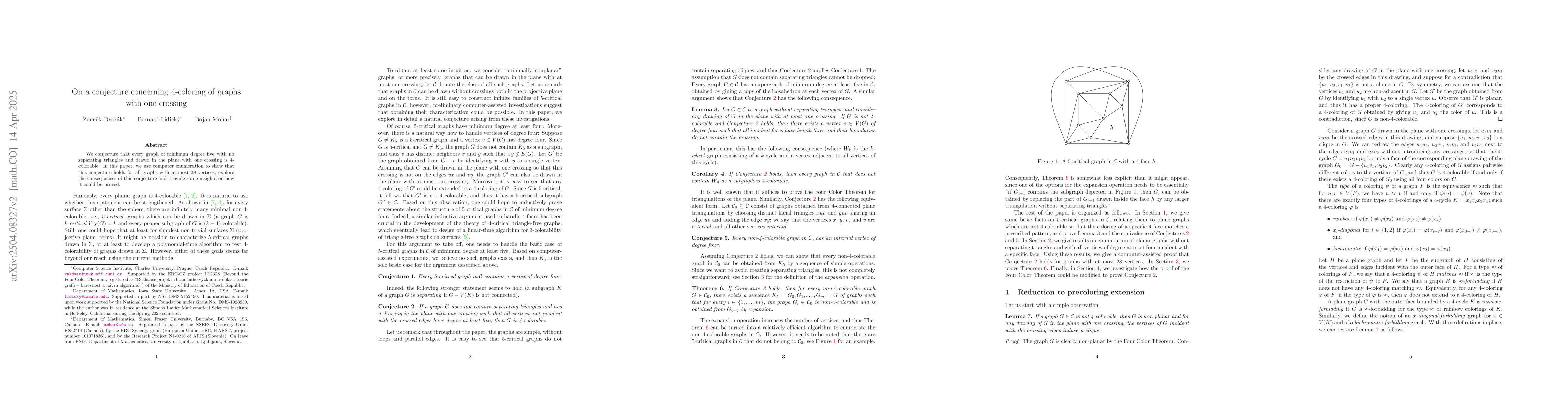 Thumbnail for On a conjecture concerning 4-coloring of graphs with one crossing