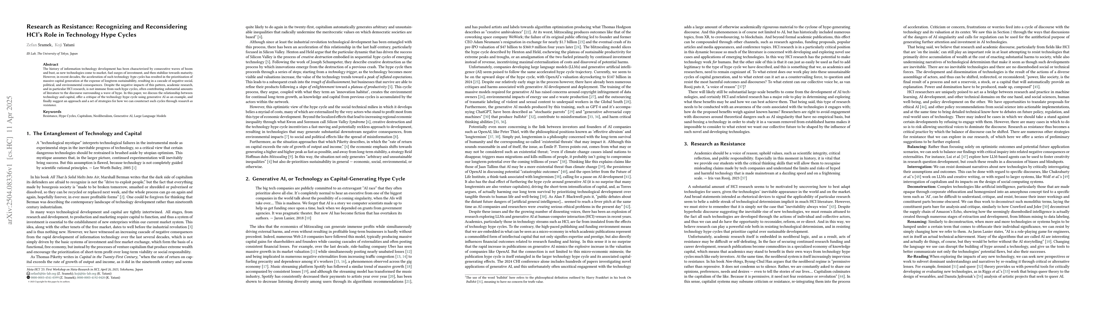 Thumbnail for Research as Resistance: Recognizing and Reconsidering HCI's Role in
  Technology Hype Cycles