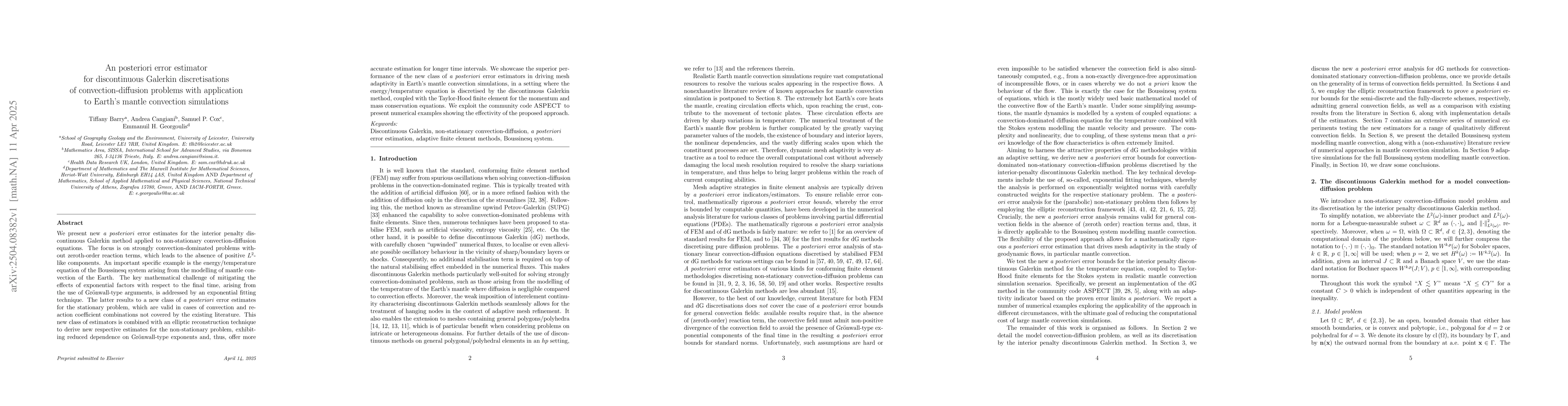 Thumbnail for An posteriori error estimator for discontinuous Galerkin discretisations
  of convection-diffusion problems with application to Earth's mantle
  convection simulations