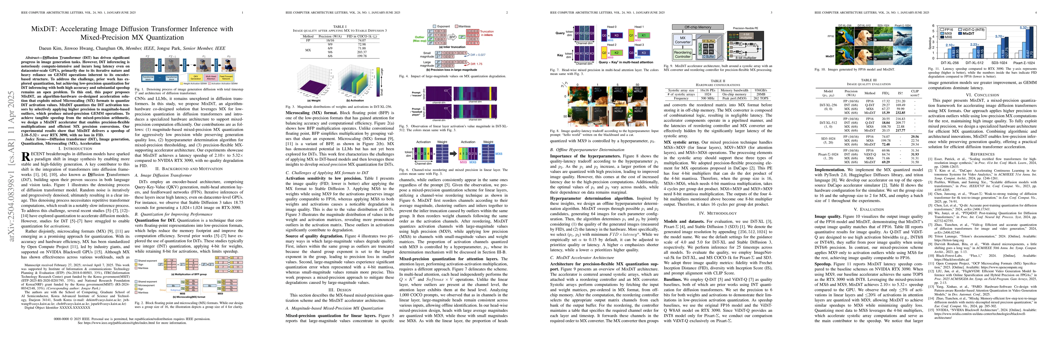 Thumbnail for MixDiT: Accelerating Image Diffusion Transformer Inference with
  Mixed-Precision MX Quantization