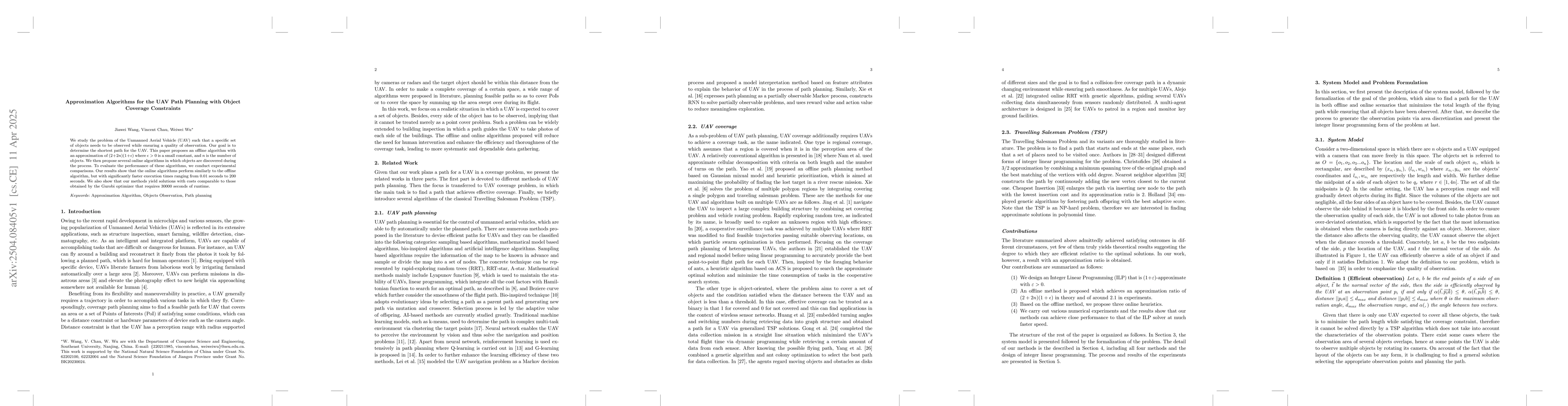 Thumbnail for Approximation Algorithms for the UAV Path Planning with Object Coverage
  Constraints