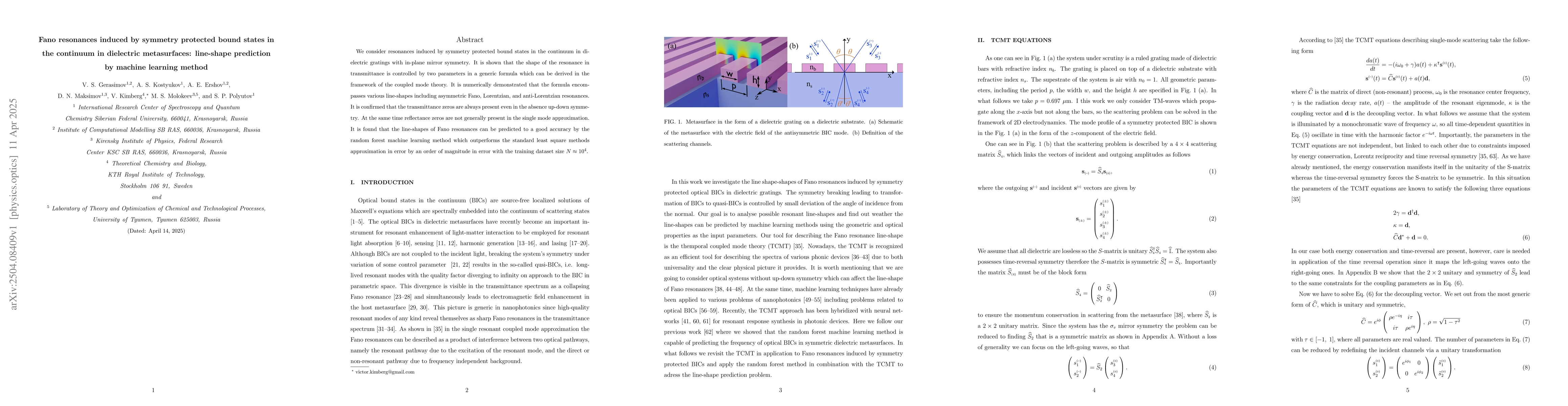 Thumbnail for Fano resonances induced by symmetry protected bound states in the
  continuum in dielectric metasurfaces: line-shape prediction by machine
  learning method