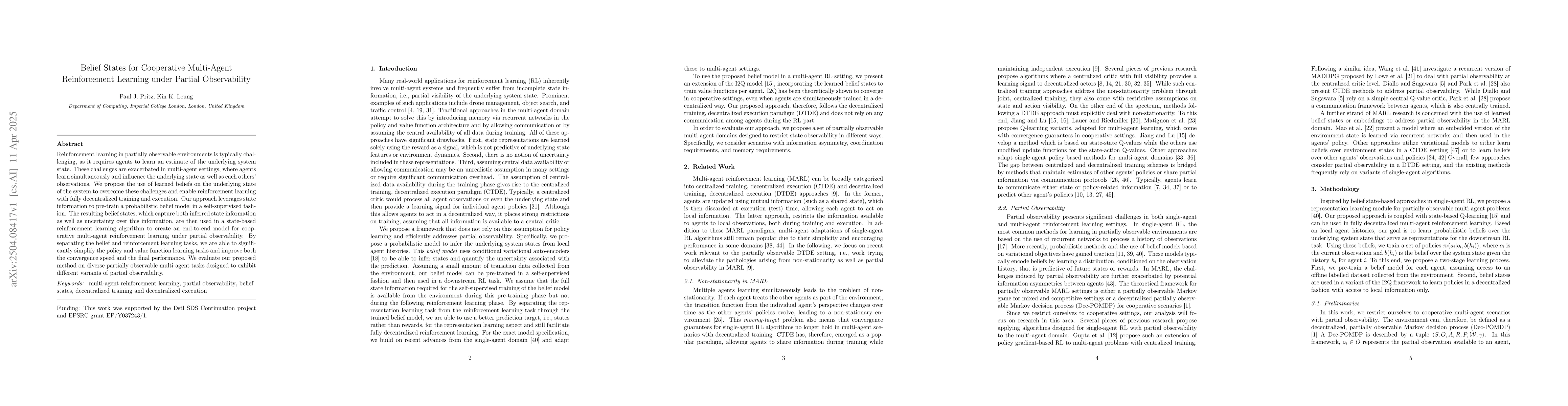 Thumbnail for Belief States for Cooperative Multi-Agent Reinforcement Learning under
  Partial Observability