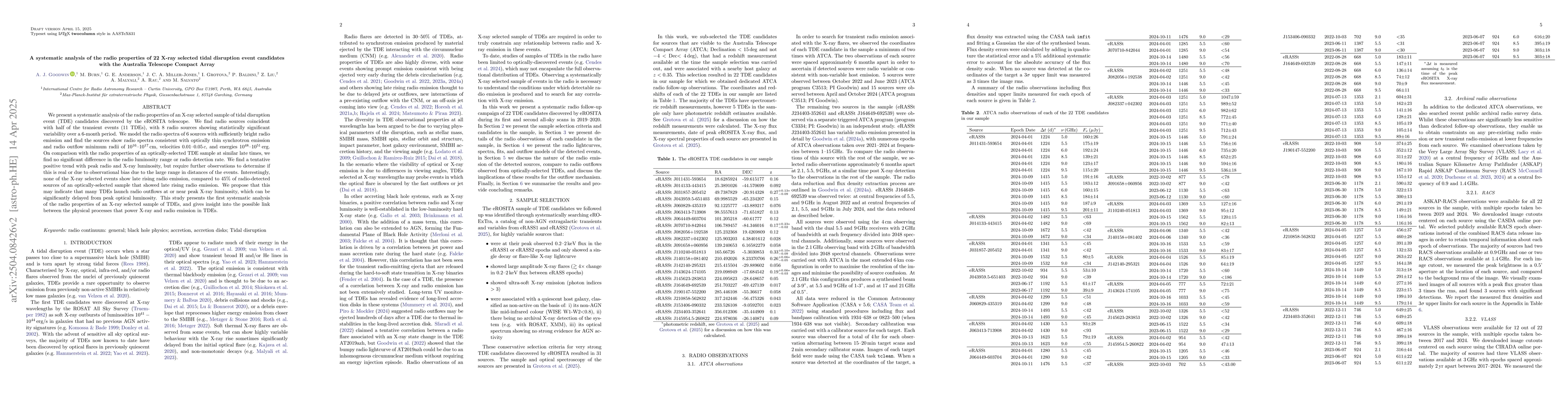 Thumbnail for A systematic analysis of the radio properties of 22 X-ray selected tidal
  disruption event candidates with the Australia Telescope Compact Array
