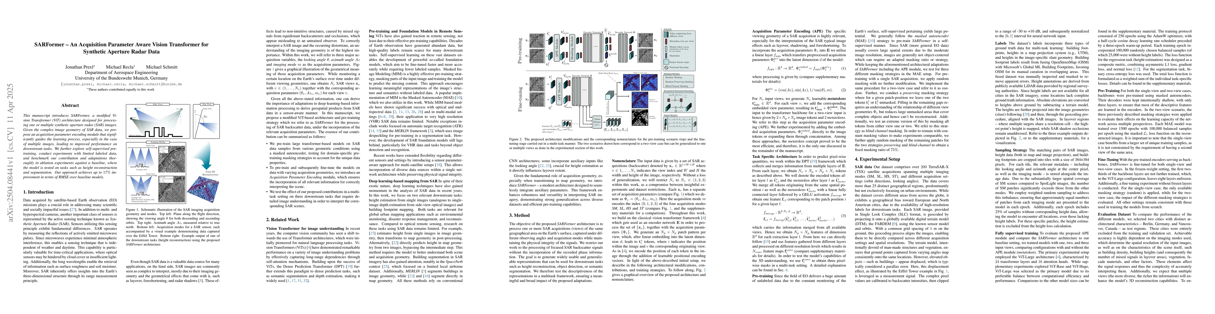 Thumbnail for SARFormer -- An Acquisition Parameter Aware Vision Transformer for
  Synthetic Aperture Radar Data