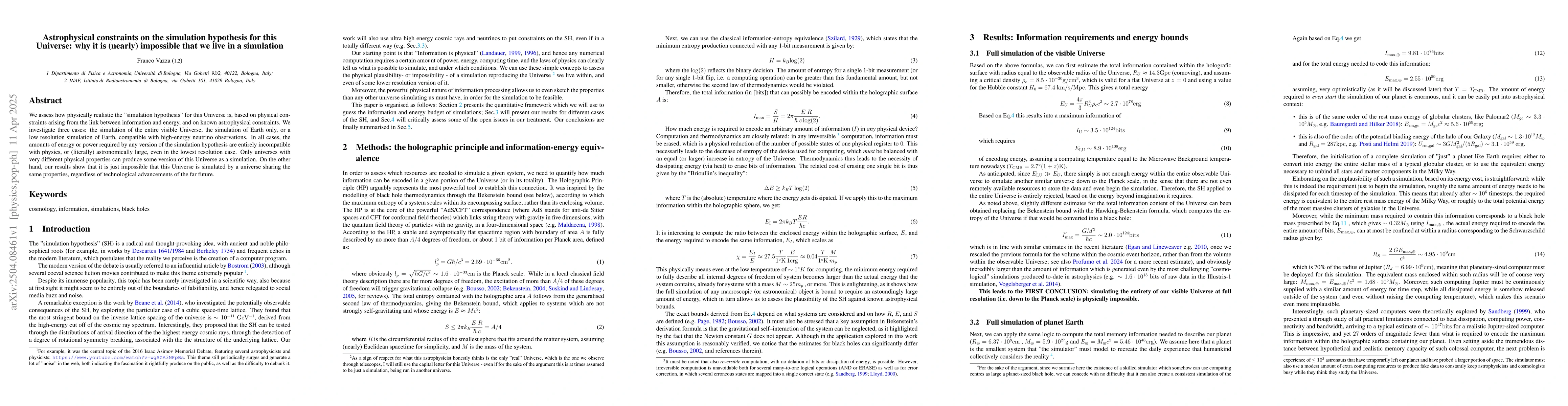 Thumbnail for Astrophysical constraints on the simulation hypothesis for this
  Universe: why it is (nearly) impossible that we live in a simulation