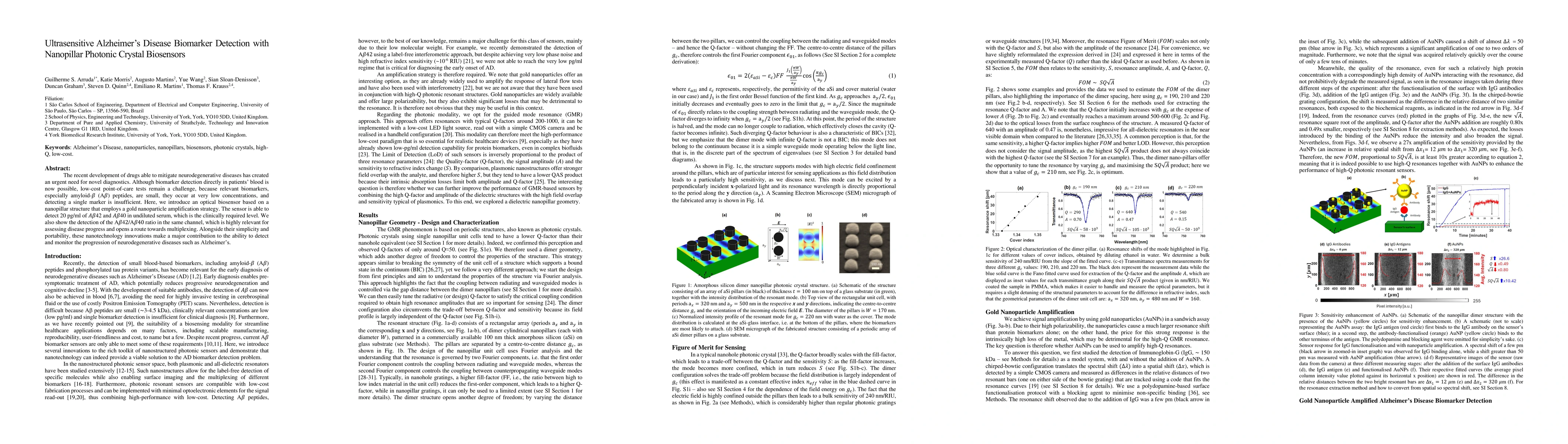 Thumbnail for Ultrasensitive Alzheimer's Disease Biomarker Detection with Nanopillar
  Photonic Crystal Biosensors