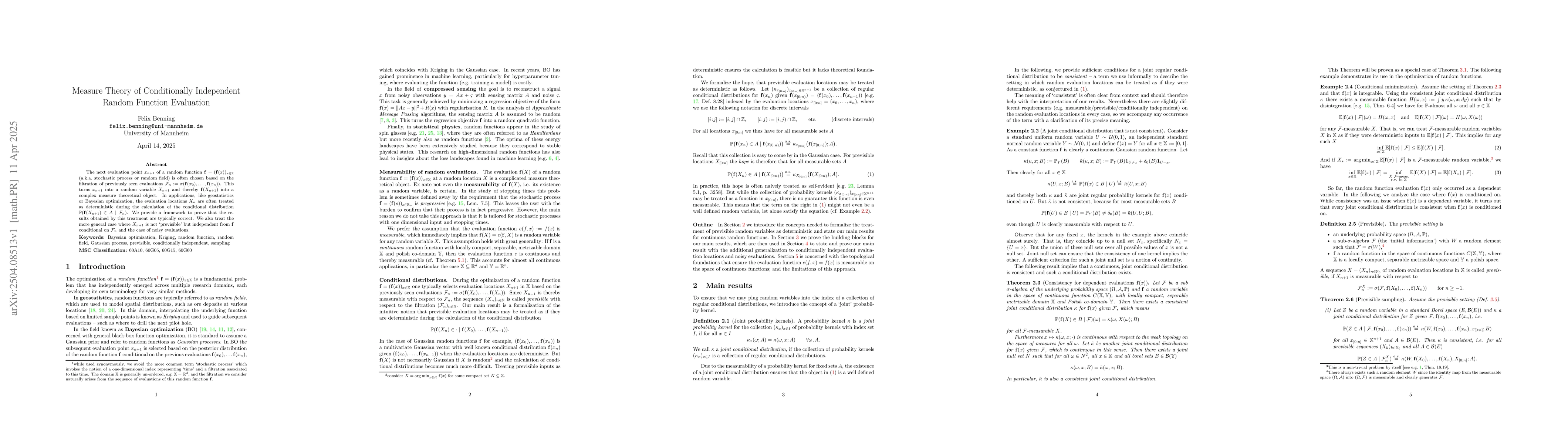 Thumbnail for Measure Theory of Conditionally Independent Random Function Evaluation