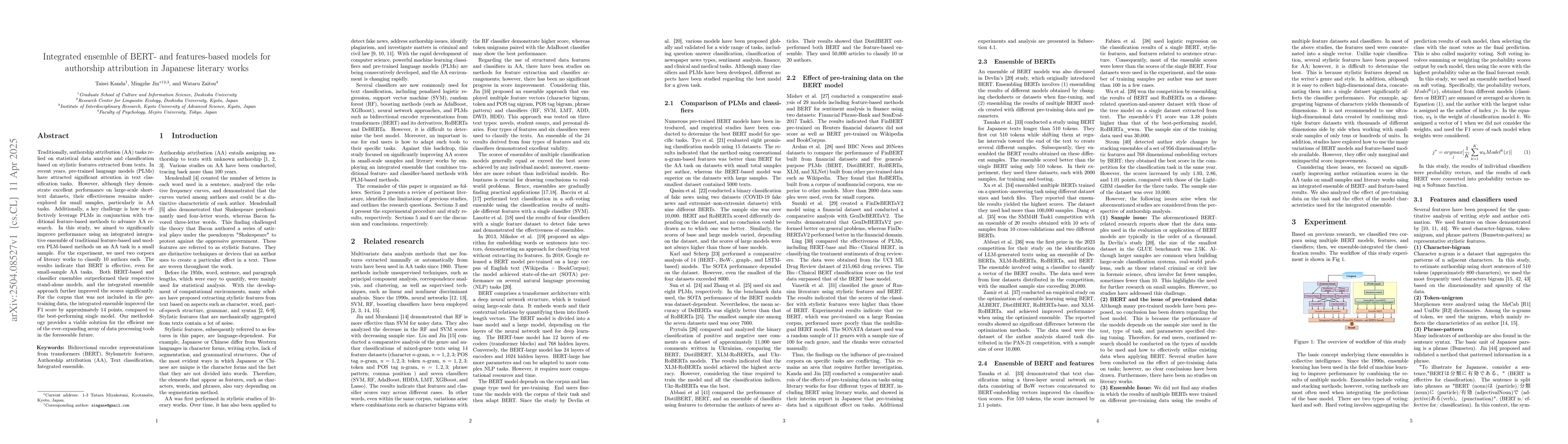 Thumbnail for Integrated ensemble of BERT- and features-based models for authorship
  attribution in Japanese literary works