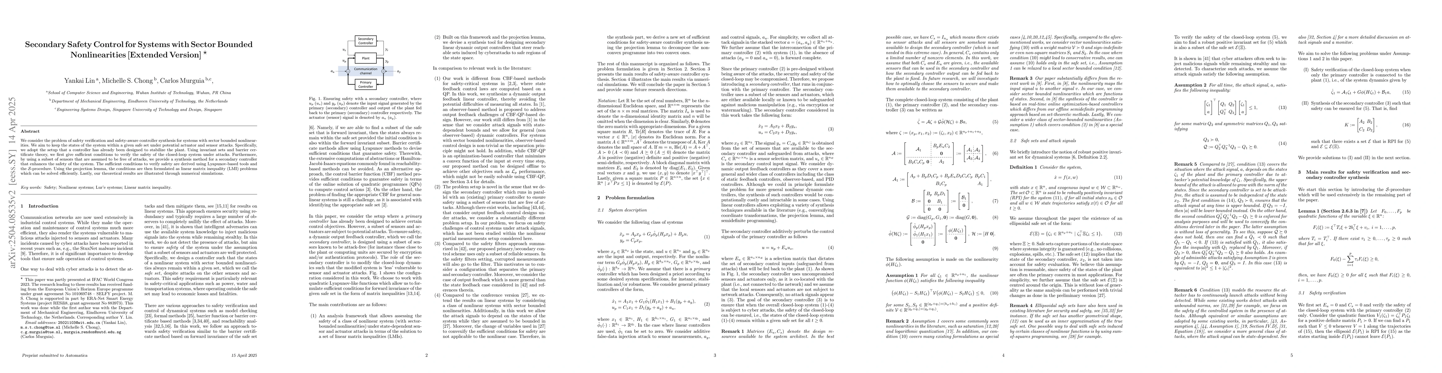 Thumbnail for Secondary Safety Control for Systems with Sector Bounded Nonlinearities
  [Extended Version]