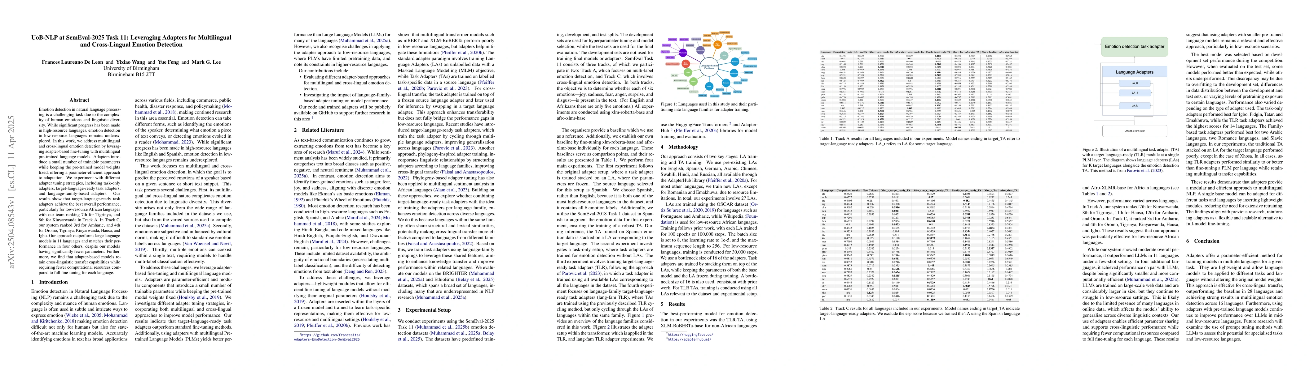 Thumbnail for UoB-NLP at SemEval-2025 Task 11: Leveraging Adapters for Multilingual
  and Cross-Lingual Emotion Detection