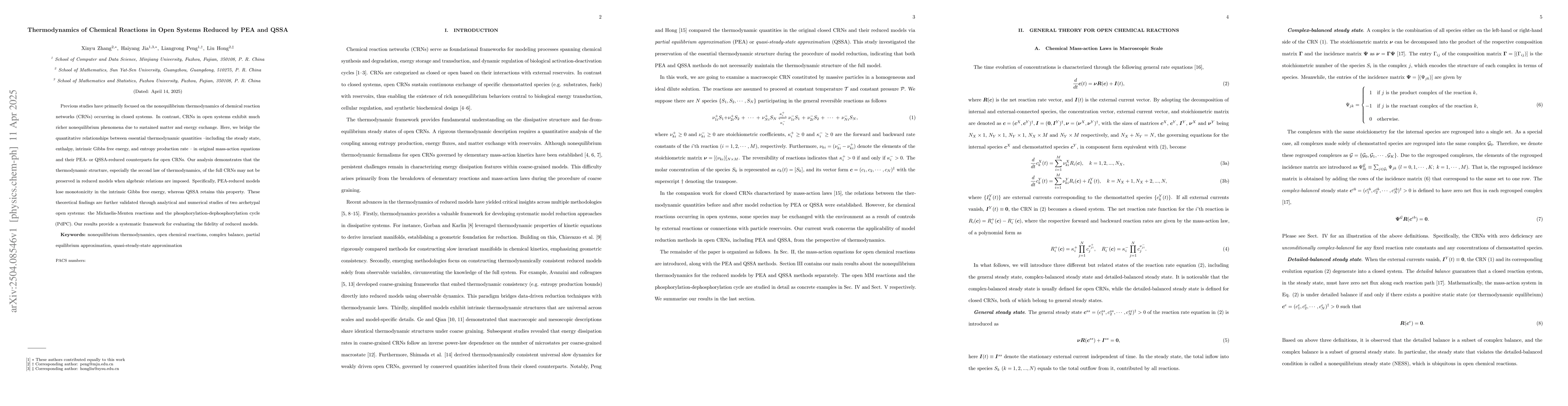 Thumbnail for Thermodynamics of Chemical Reactions in Open Systems Reduced by PEA and
  QSSA