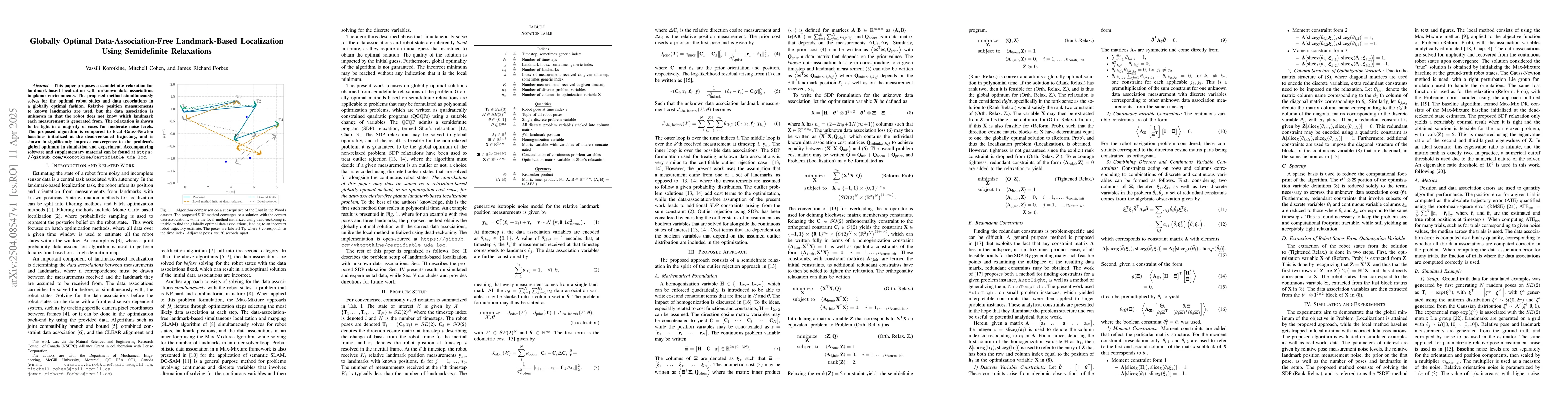 Thumbnail for Globally Optimal Data-Association-Free Landmark-Based Localization Using
  Semidefinite Relaxations